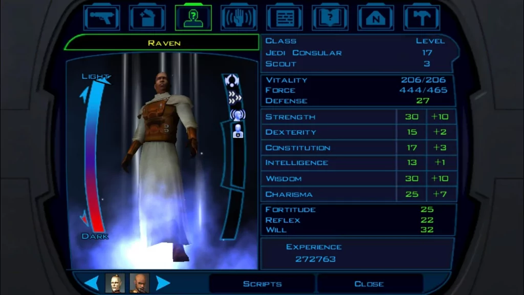 En Knights of the Old Republic, la hoja de uno de los personajes, con sus estadísticas principales.