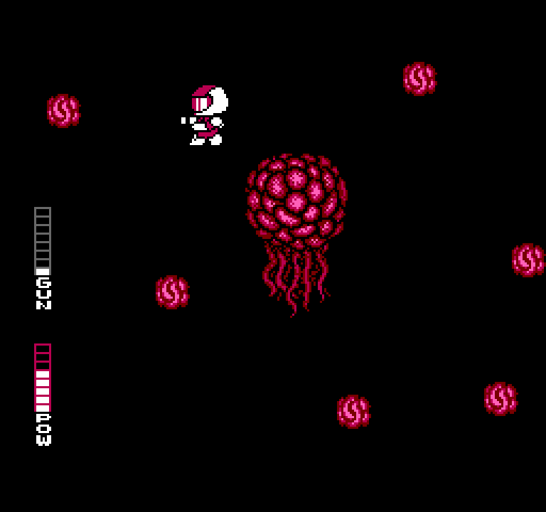 Batalla contra un jefe en Blaster Master. Para mostrar 'sprites' tan enormes, el juego utiliza el fondo, por tanto, los combates tienen siempre lugar en espacios completamente negros.