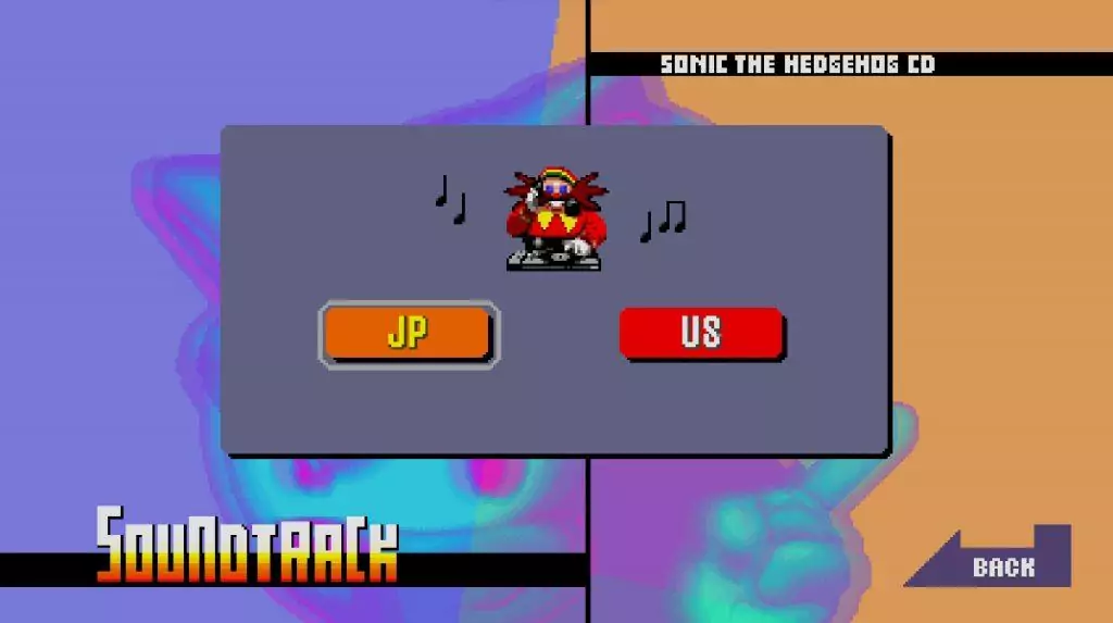 Imagen que muestra el menú de selección de BSO, presente en la versión para PC y móviles de Sonic CD.