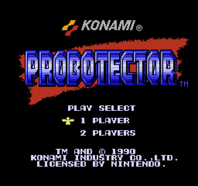 Pantalla del título de la versión europea de Contra, llamada "Probotector".