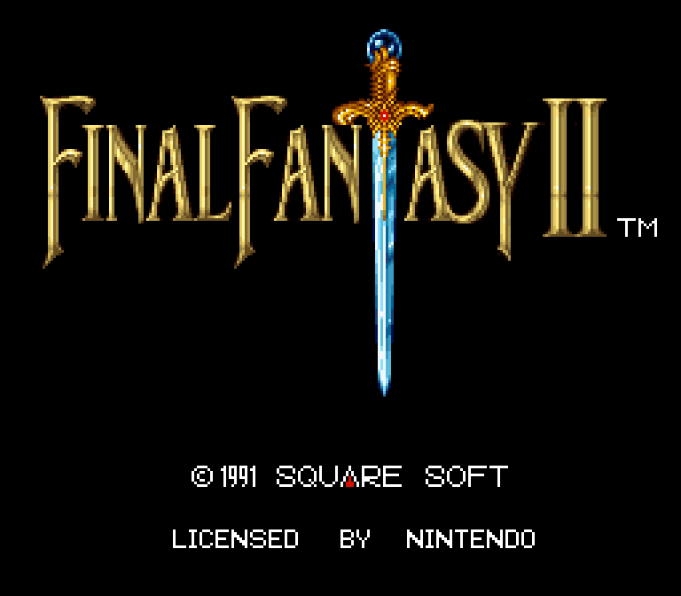 Pantalla del título de la versión para Norteamérica de Final Fantasy IV, que tuvo que cambiar de número, puesto que FF2 y FF3 nunca salieron de territorio nipón.