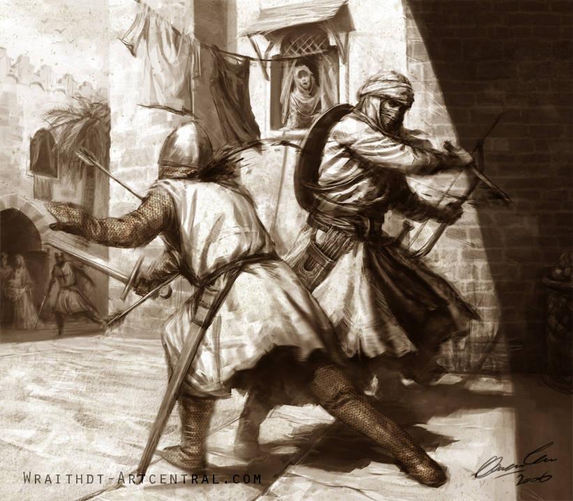 Ilustracion de un asesino enfrentandose a un caballero enemigo, hecha por Wraithdt.