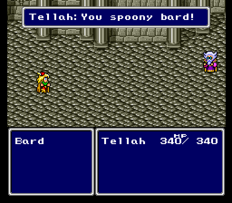 "You spoony bard!" es una frase que la propia saga ha referenciado en múltiples ocasiones. Todas las versiones en inglés de FFIV que se lanzaron posteriormente, han mantenido intacto este momento.