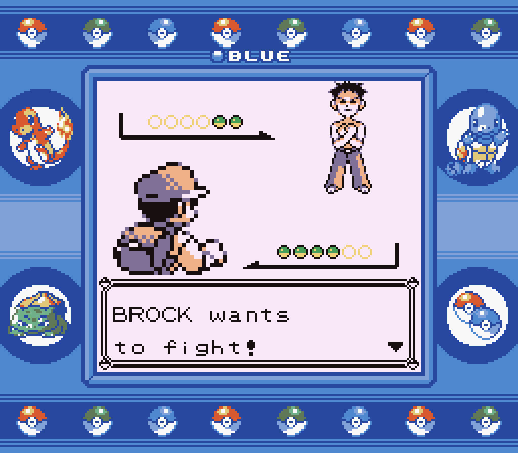 Captura de pantalla que muestra a Brock, primer líder de gimnasio.