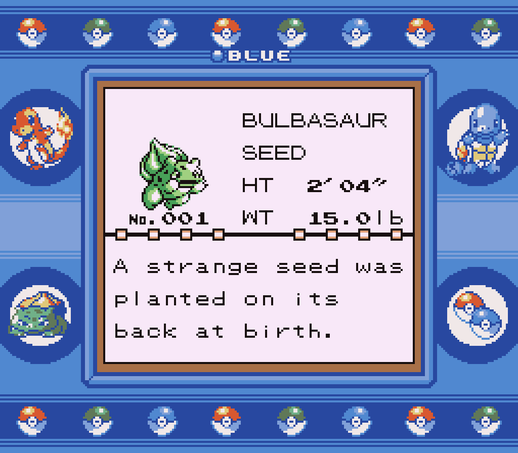 Captura de pantalla que muestra la entrada de la Pokédex de Bulbasaur. Un selector de modos de dificultad muy discreto.