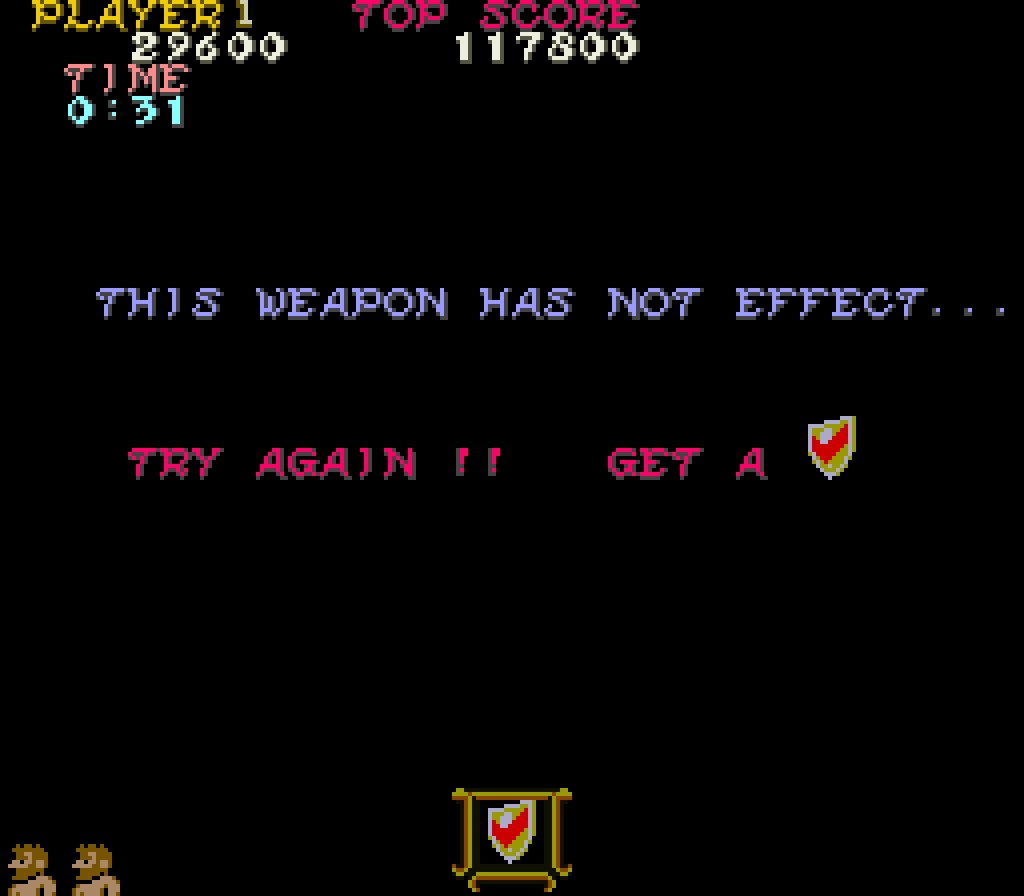 Imagen del mensaje que muestra Ghosts n' Goblins si el jugador no derrota a los dos clones de Satán usando el Escudo.