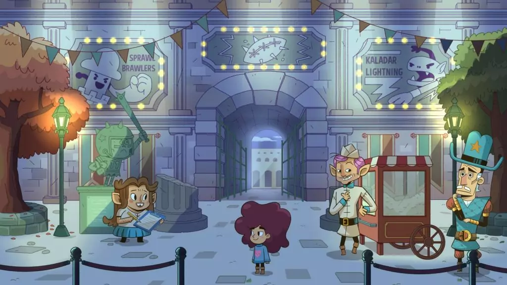 Captura de pantalla de Lil' Guardsman, que muestra el Estadio Goblinball durante la noche.
