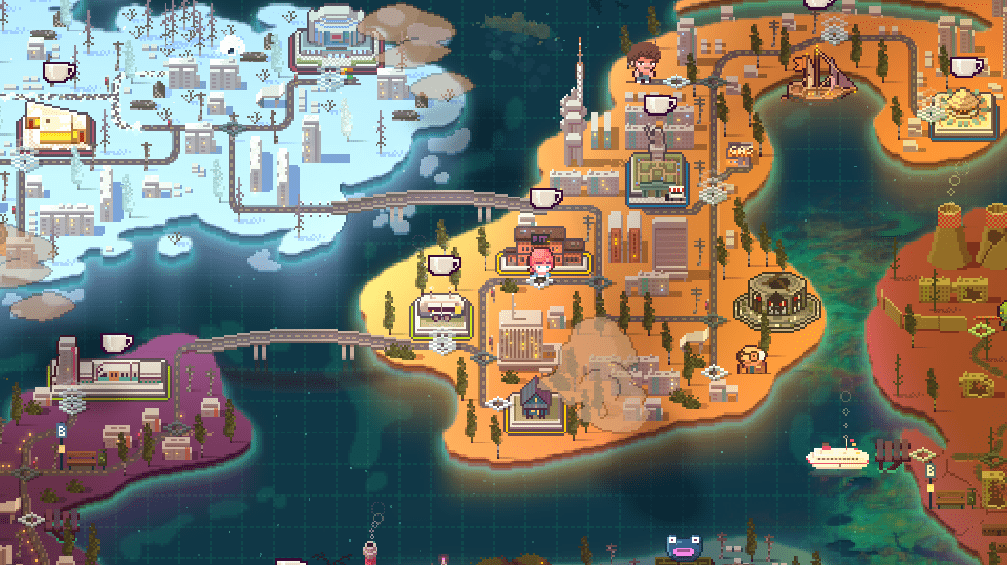 He aquí el mapamundi, con los distintos lugares que Pixel podrá visitar durante la historia.