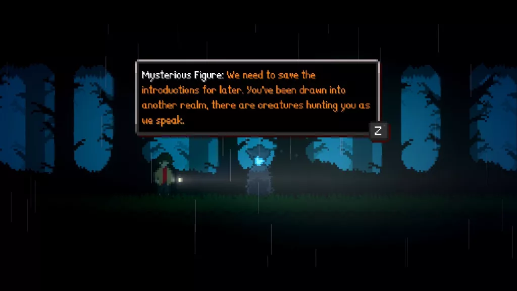 Captura de pantalla de Noxia Somnia, que muestra una conversación con El Guía.