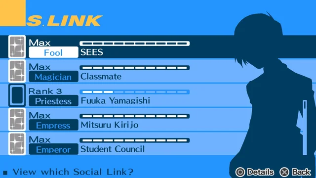 Imagen de la pantalla de Social Links en Persona 3.