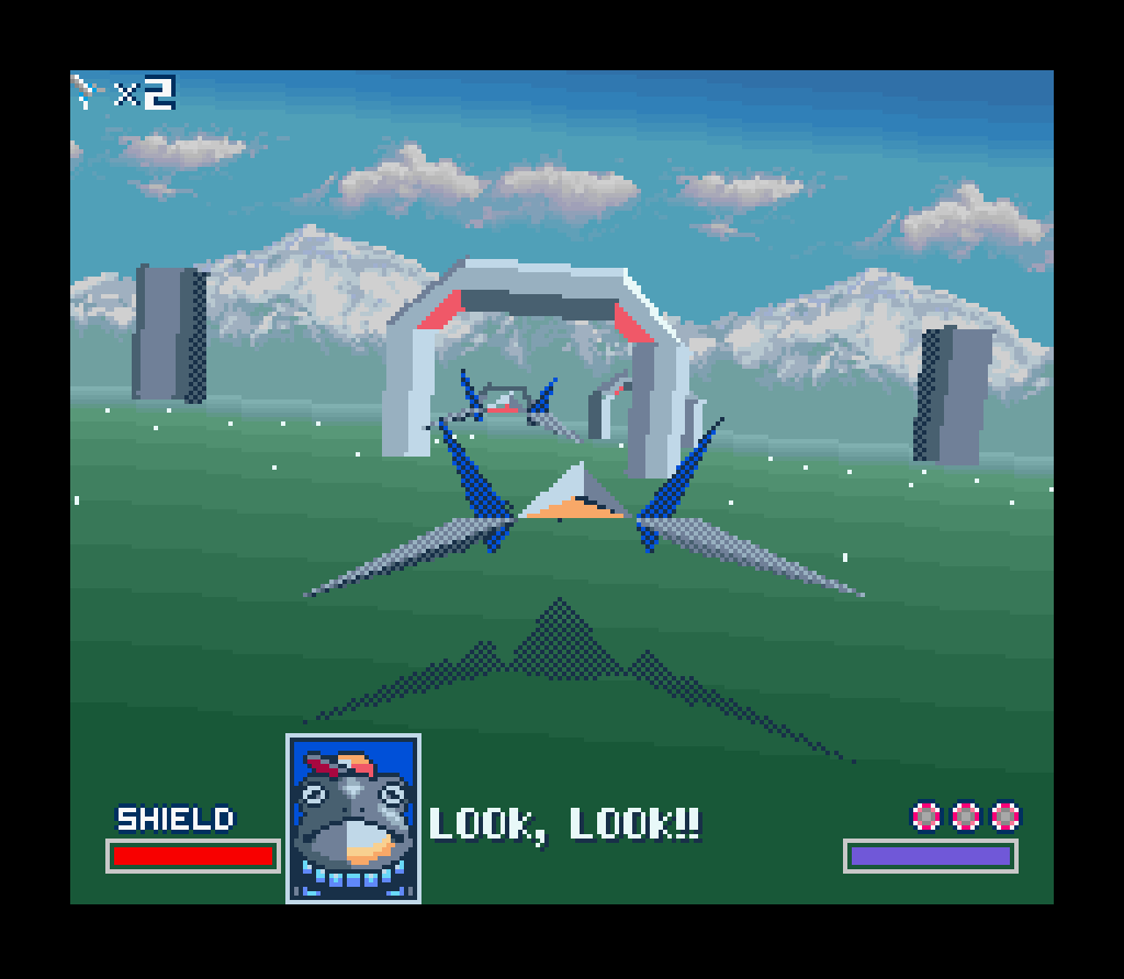 Captura de pantalla de StarFox, nivel Corneria.