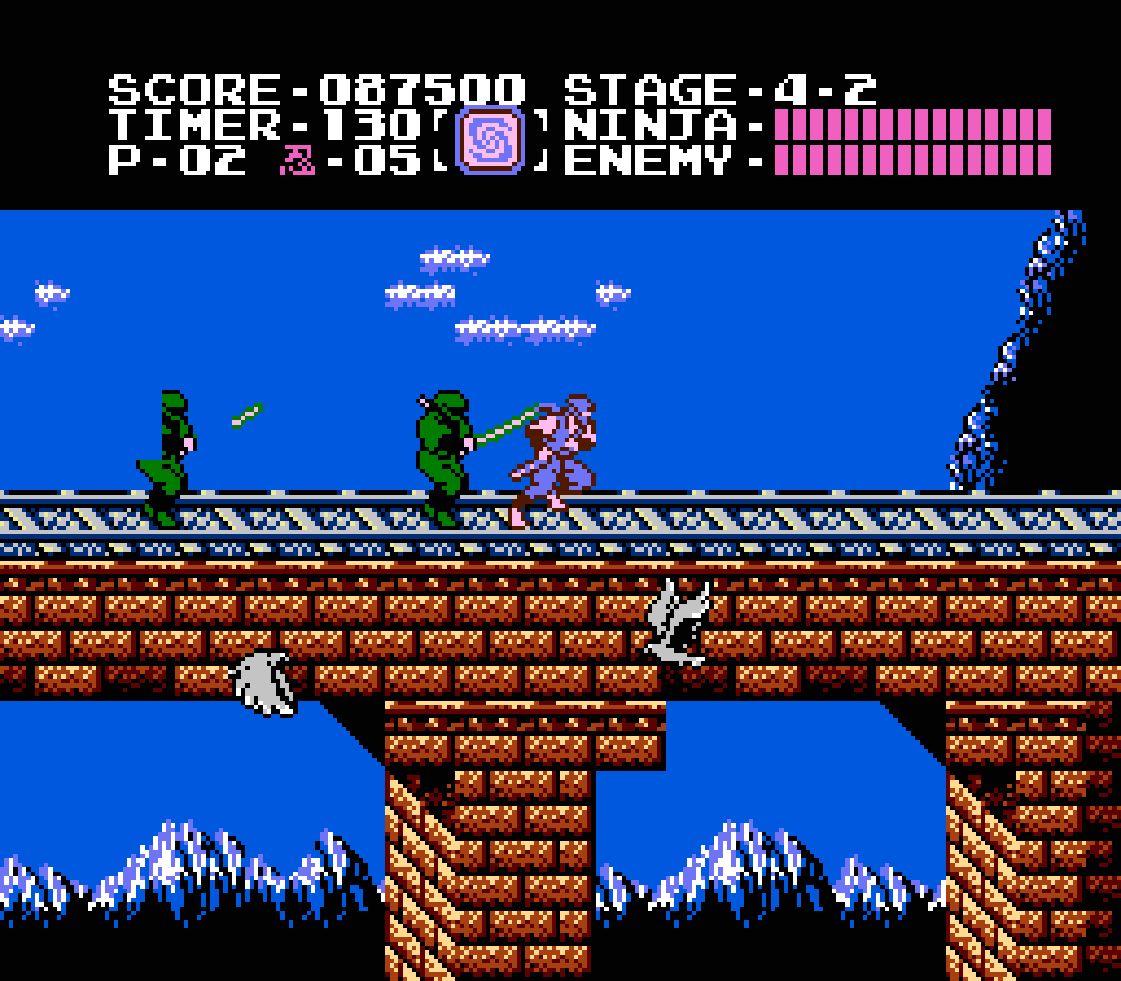 Captura de pantalla del Nivel 4-2 de Ninja Gaiden. Si llegar al final ya es uno de los desafíos en videojuegos clásicos más duros, imaginaos hacerlo sin recibir daño.