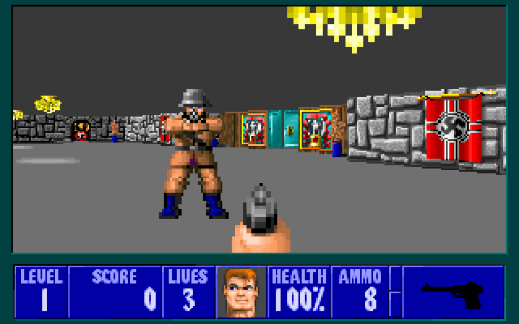 Captura de pantalla de Wolfenstein 3D, uno de los videojuegos más controversiales de su generación.