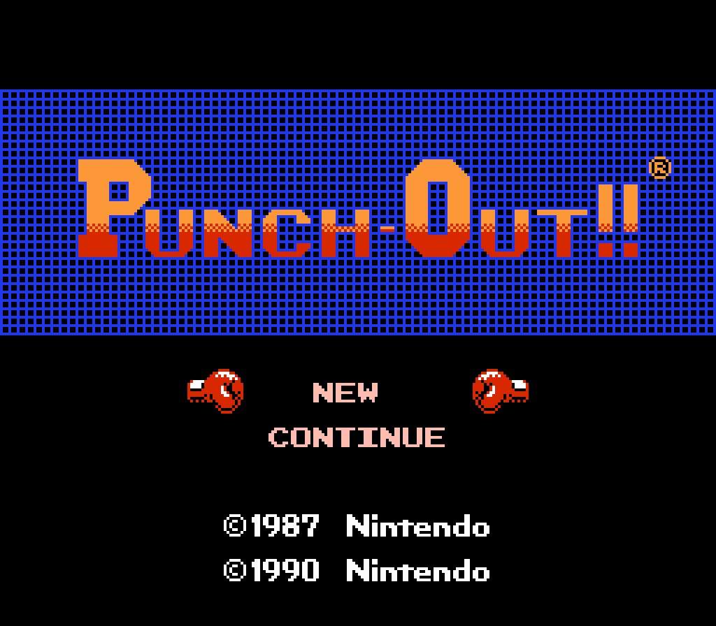 Pantalla del título de Punch Out!, en su versión de 1990, que eliminó a Mike Tyson del juego.
